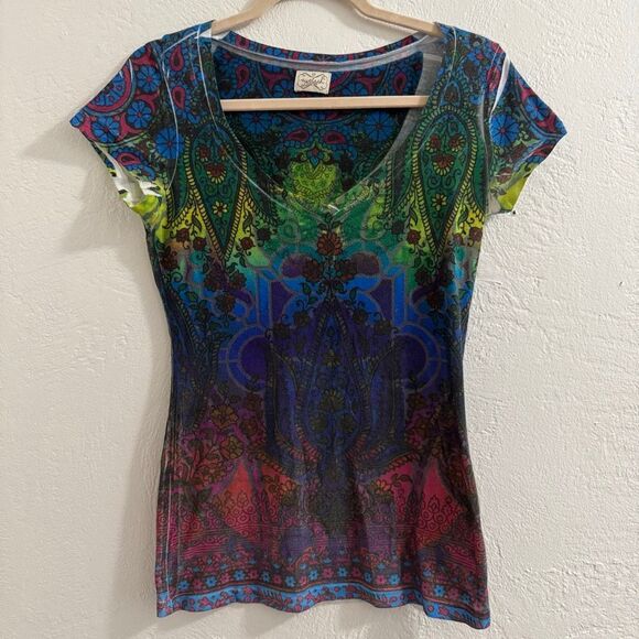 Eyelash Couture Y2K Multicolor Abstract Dye Scoop Neck T-Shirt M - Picture 1 of 6